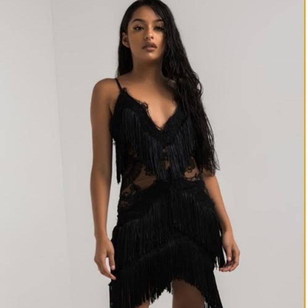 Semi Sheer Plunging Fringe Lace Mini Dress